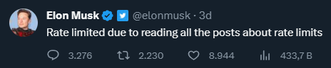Elon Musk, Twitter'a getirdiği 'günlük tweet görüntüleme sınırını' kendisi aştı.

📌 Olayı, kısıtlama hakkında atılan tweet'leri okurken yaşadı.