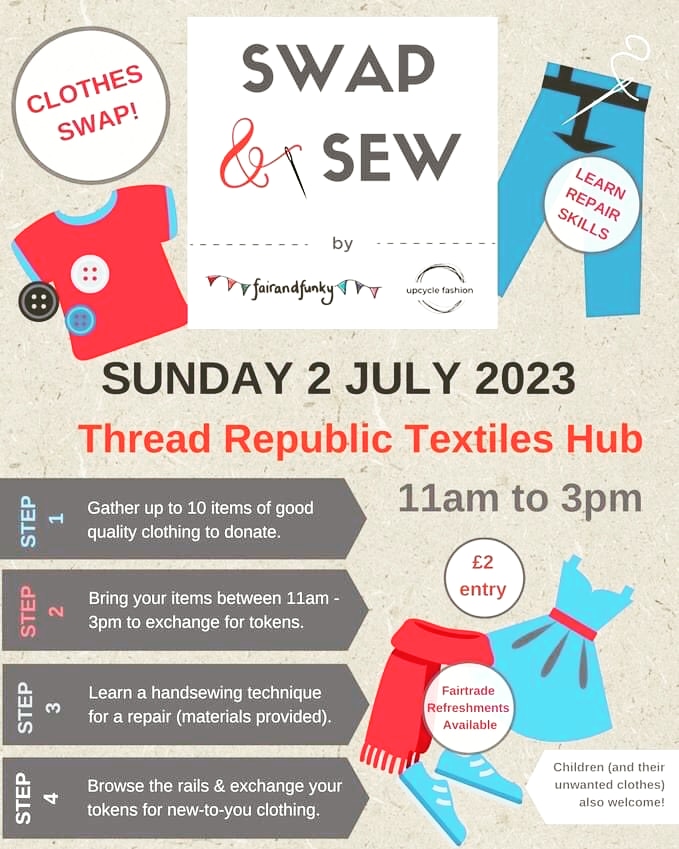 Sunday clothes swap with @swapandsew in #Huddersfield on Sunday 2 July @thread_republic between 11am - 3pm. 
♻️🪡✨👕✨🪡♻️
Bring along up to 10 items of clothing to SWAP for new-to-you items, you can also bring along any items that need mending in the SEW workshop.
#reuse