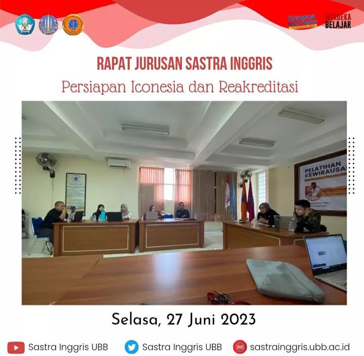 PSasing23's tweet photo. Jurusan sastra Inggris universitas Bangka Belitung kembali mengadakan rapat jurusan mengenai persiapan ICONESIA dan Re-Akreditasi kembali pada Selasa, 27 Juni 2023.
#iconesia #englishstudies #sasingubb #ubb #meeting https://t.co/KOX16H91gR