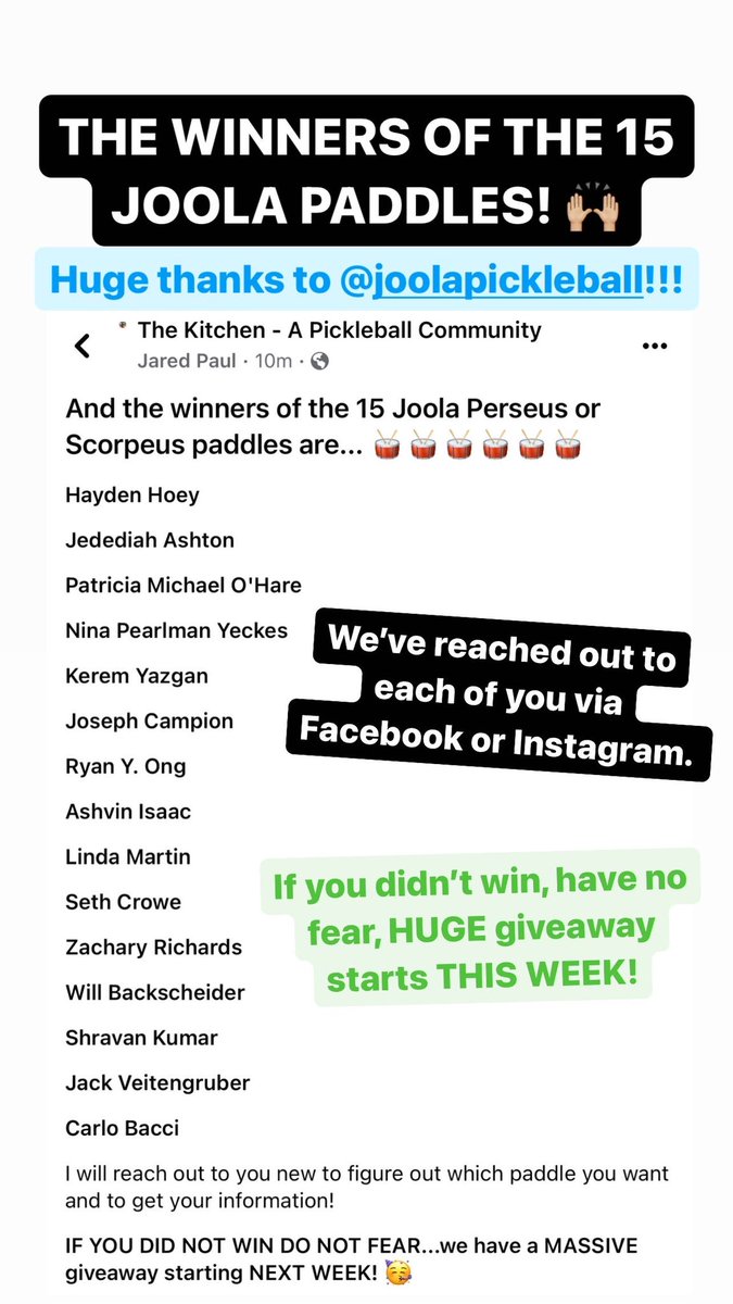 The 15 winners of the Joola giveaway! 

HUGE 4th of July giveaway being announced THIS WEEK! 💥