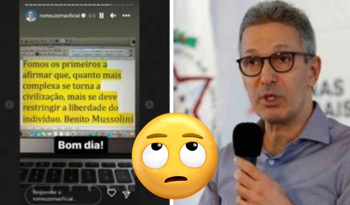 MUITO GRAVE !
Zema não cansa do direito de ser um idiota!
Governador de MG compartilha frase de MUSSOLINI, líder do fascismo, após o INELEGÍVEL ficar inelegível

O governador de Minas Gerais, Romeu Zema, publicou, neste sábado 1⁰, uma frase assinada por BENITO MUSSOLINI, ditador…