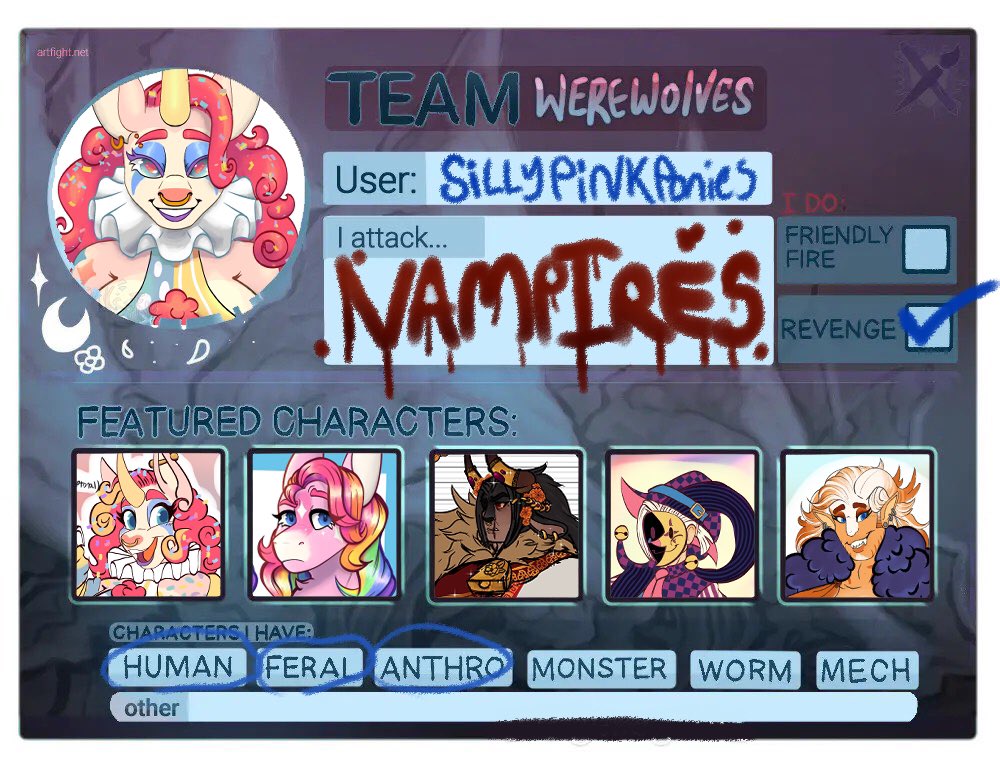 SillyPinkPonies's tweet photo. HEYYYYYYYYYYYYY DROP UR ARTFIGHT VAPIRES #vampires
#artfight2023 #artfightvampires #artfightwerewolves I ALWAYS REVENGEEEEEEEEEEEEEEEEE https://t.co/SmXz2EcFeG