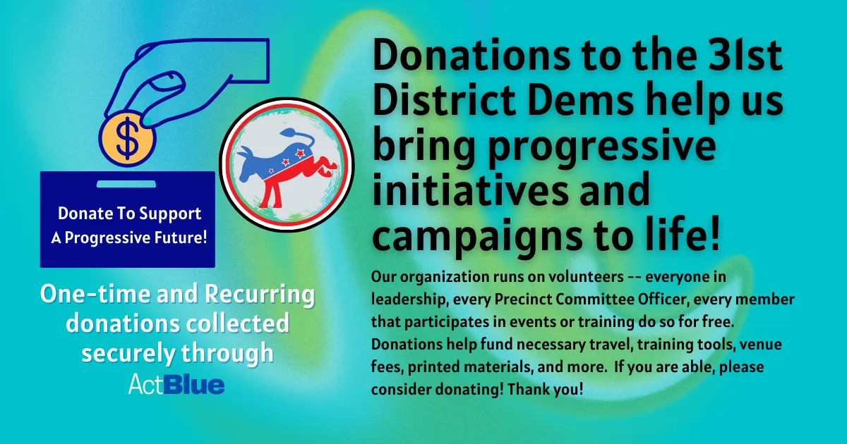 31stDems's tweet photo. The 31st LD values your donations! Event booths, printing materials, space rent for in-person/hybrid events, and resources to offer Progressive candidates are just some of the ongoing expenses. Contribute today and help us turn the district blue!

https://t.co/Ix6LxPwNOU https://t.co/1oN07FWufz