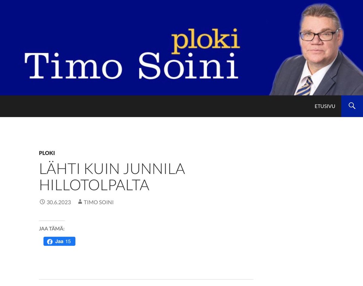 AkiHarkonen's tweet photo. Timo Soini vahvistaa plokissaan teorian, jonka mukaan hän piti ulkoministeripostiaan #hillotolppa’naan. Hän takertui hillotolppaansa, niin että oli sen vuoksi valmis hajottamaan puolueensa. #Juudas #Soiniset #Siniset https://t.co/eZpZdzVC2t