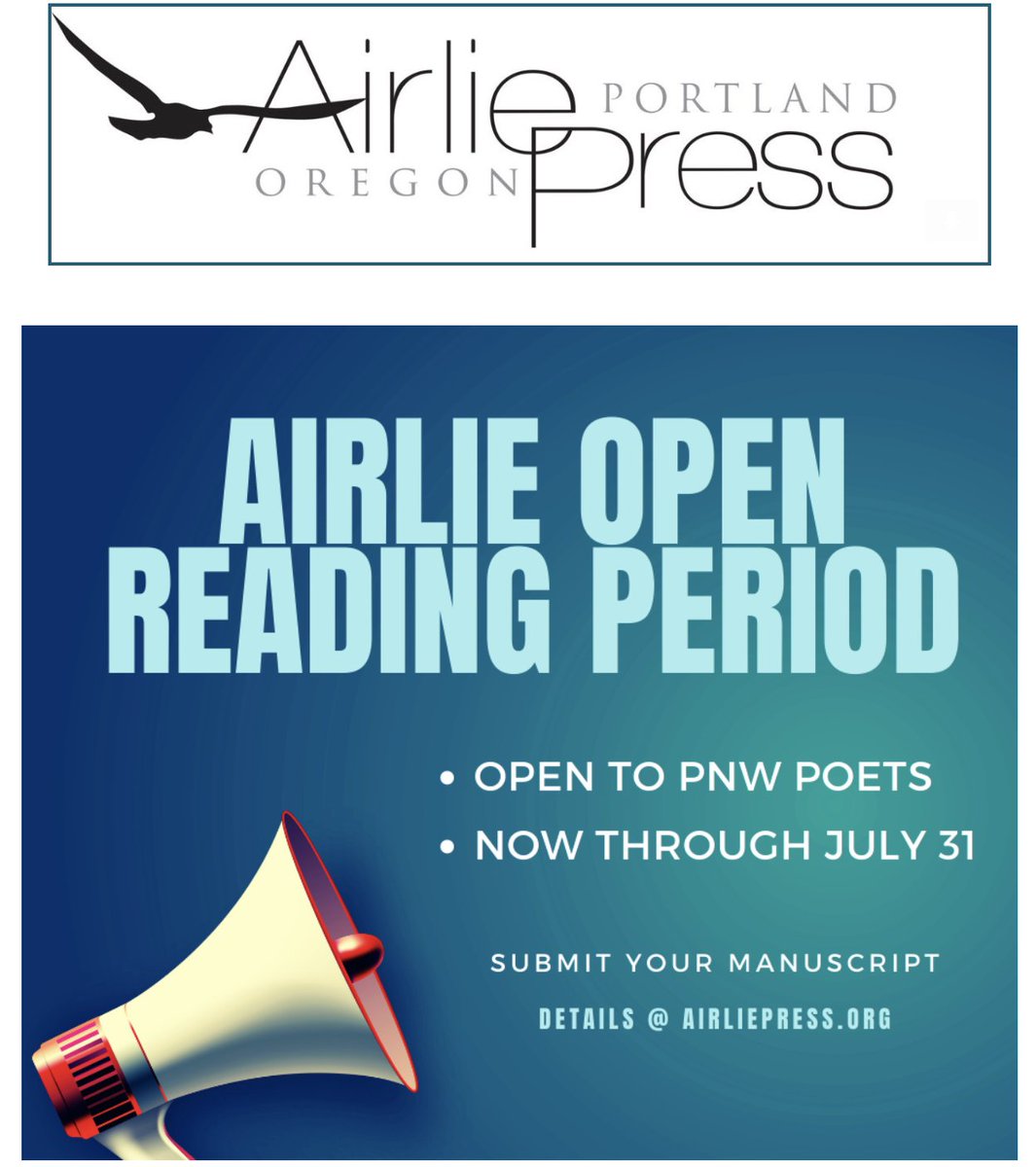 Opening day! NW poets, send us your manuscript and join our collective for a magical three-year editorial stint at a vibrant not-for-profit independent press. Open reading period closes with July.
airliepress.org/submit