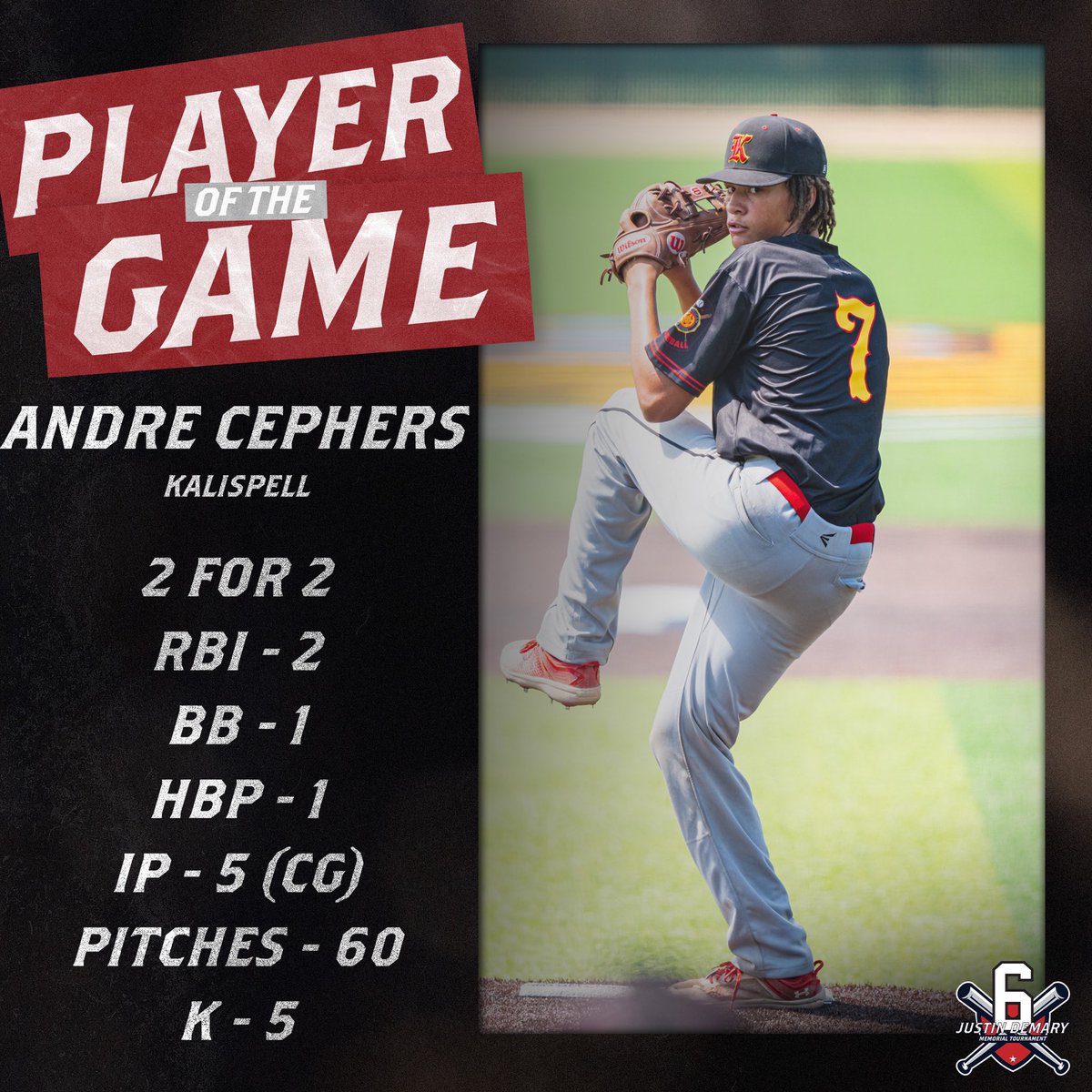 Justin Demary Memorial Tournament | Game 5 Final | Andre Cephers is the player of the game throwing a 5 inning CG striking out 5 and going 2 for 2 driving in 2 #JD6