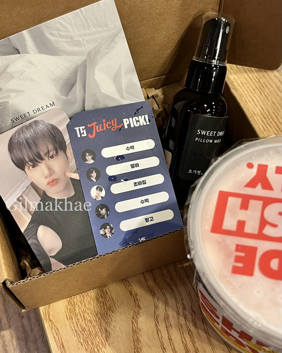 according to kteumes, today's gifts from T5 are juice (each member having their own picked flavor) and pillow mist!

also jihoon is the ending fairy for inkigayo, wearing the white fit from mv but with mesh top on it 🥹

pcr. ramnkyu, gilmakhae