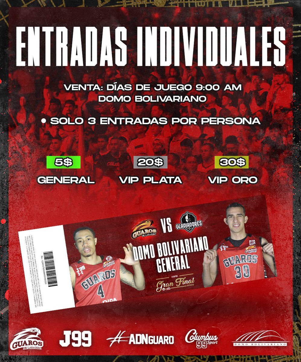 🚨Venta de entradas🚨

👉🏻Combos de entradas GENERAL:

Tienes la posibilidad de comprar PARA LOS TRES JUEGOS este domingo a partir de las 11:00am.

$15 

📌Se venderán solo 3 combos por personas.

👉🏻Entradas individuales:

Los días de juego a partir de las 9:00am 📌

#GuarosDeLara