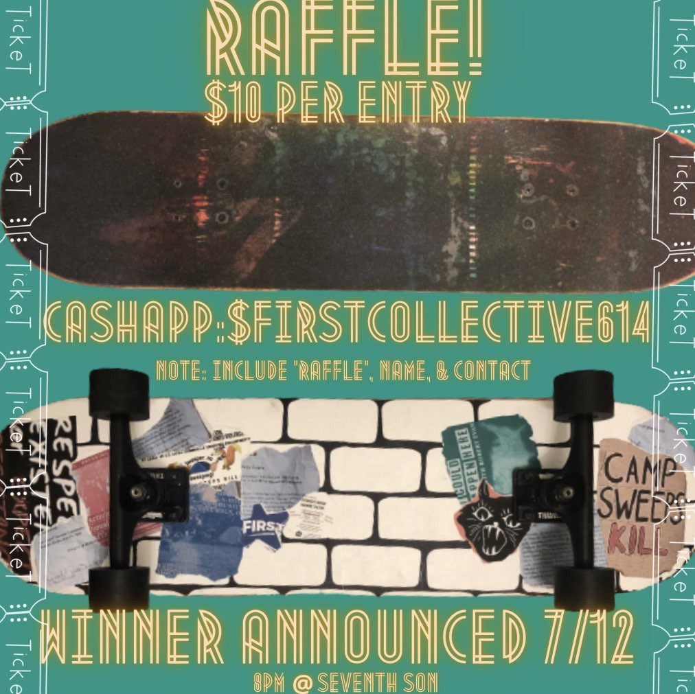 F1RSTCollective's tweet photo. We are selling raffle tickets for the pictured skateboard designed by one of our amazing volunteers for our fundraiser on July 12th! Raffle tickets are $10 for 1 entry. https://t.co/gLBwhVr9LV