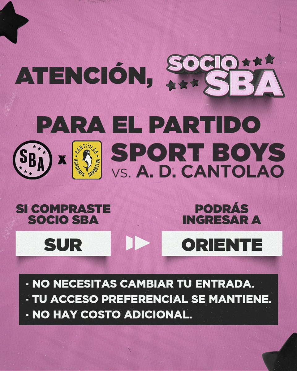 sportboys's tweet photo. ¡Sobrin@, descubre qué hacer para nuestro partido vs. @ADCantolao si compraste SOCIO SBA SUR! 🏟️

🔴 RECORDATORIO 🔴
*No necesitas cambiar la entrada.
*Tu acceso preferencial se mantiene.
*No hay costo adicional.

🌐 Hazte SOCIO SBA: https://t.co/C0bOGiXo26

#VamosBoysTodaLaVida https://t.co/nalbjpANaG
