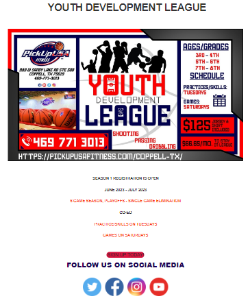 pickupusaDFW's tweet photo. Season 1 is here! Registration is open for the June 2023 - July 2023 Youth Development League (YDL). @pickupusa_coppell #dfwhoops #dallashoops #dallas #coppell #basketballtraining #boysbasketball #girlsbasketball #training #youthsports #basketball #youthbasketball https://t.co/drdM5JQ96Y