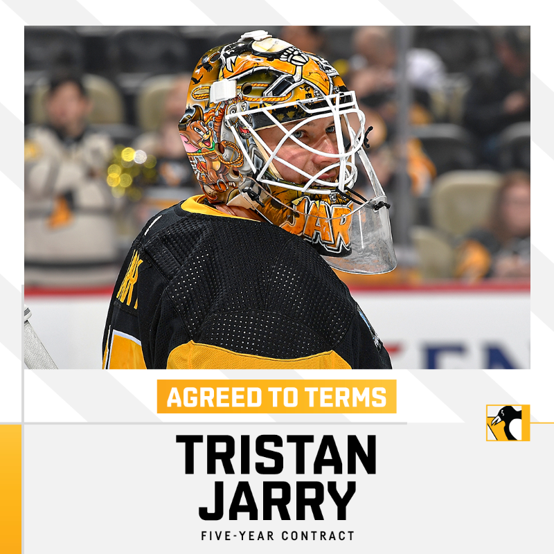 penguins's tweet photo. The Penguins have agreed to terms with goaltender Tristan Jarry on a five-year contract.

The deal begins in the 2023.24 season and runs through the 2027.28 campaign, carrying an average annual value of $5.375 million.