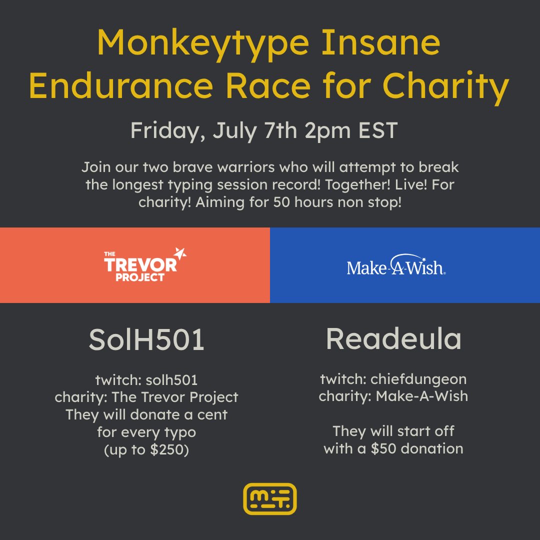 Join our brave typists next week as they attempt to break the record for the longest typing session. All for the @trevorproject and <a href="/MakeAWish/">Make-A-Wish America</a>!