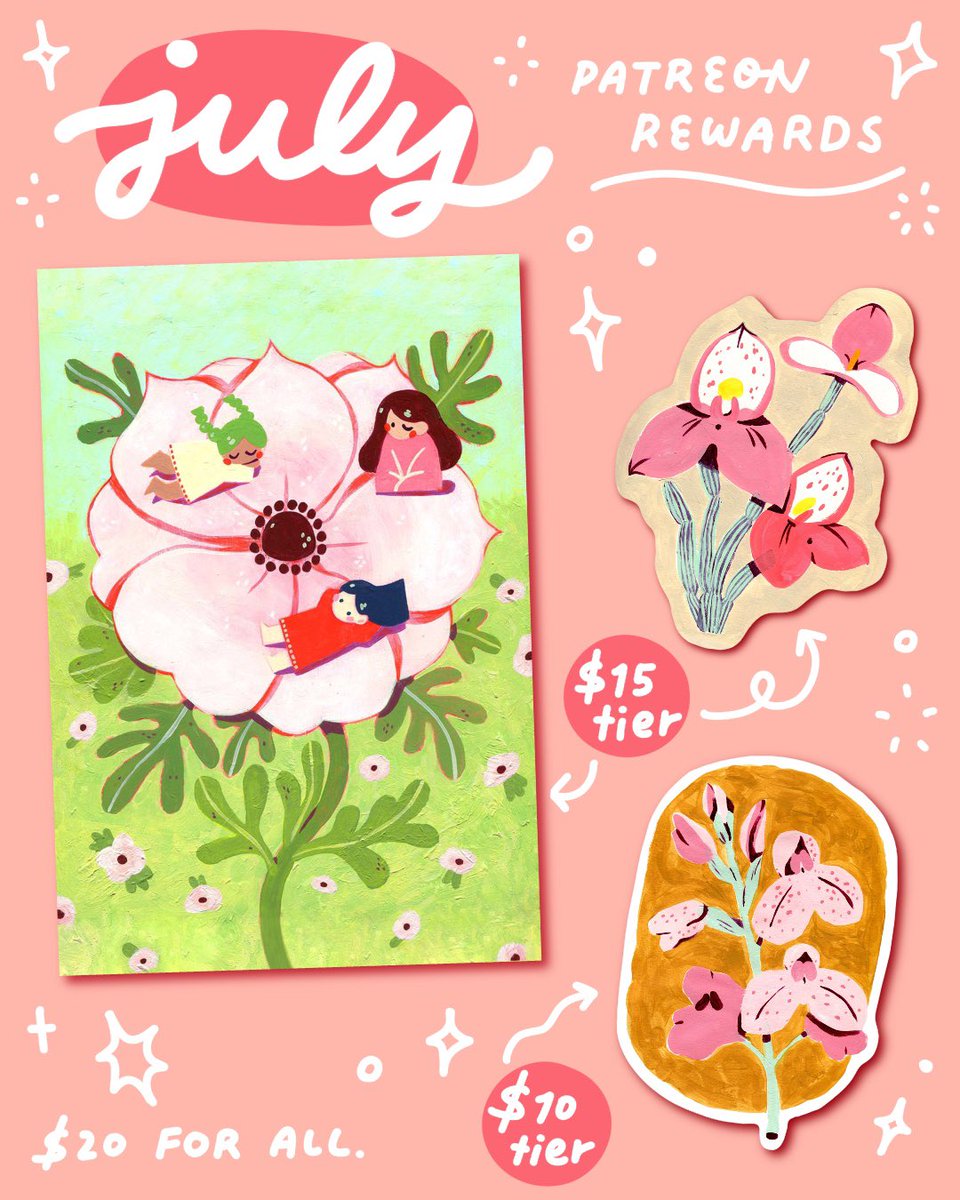 tiffanytanart's tweet photo. A few late nights painting this because I was so excited to paint again! I’m going to call it ‘Flower Bed’ for now and see if it sticks 💕💐
~
Happy mail rewards for July are here too! It’ll be up on P✨treon for this month. https://t.co/CUNxQIQZfX