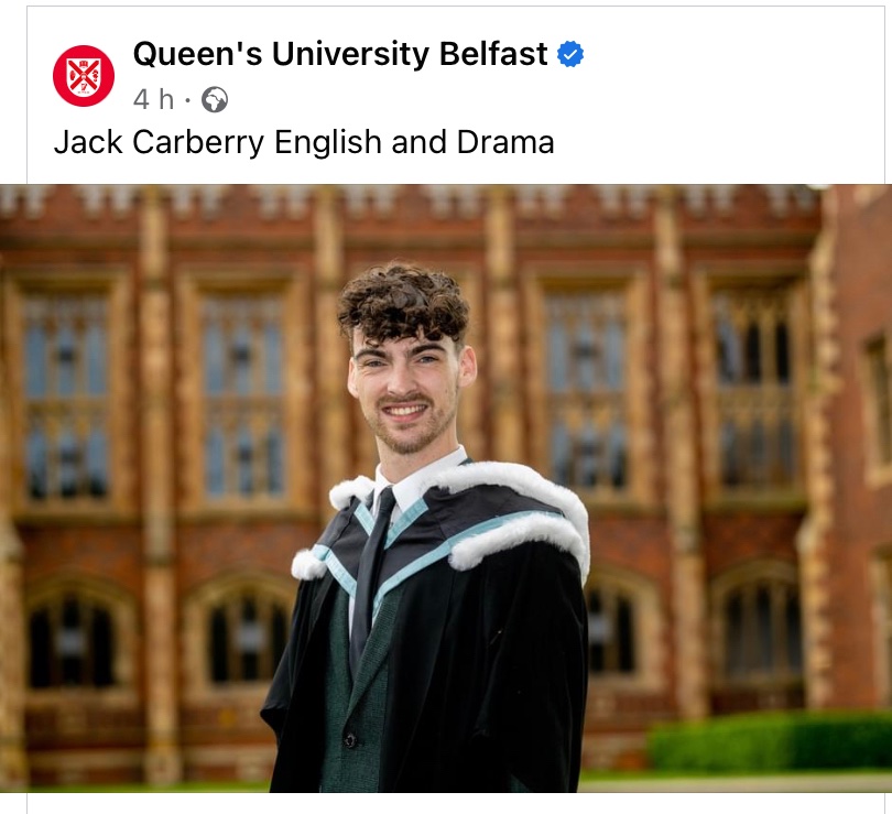 So proud of my son Jack Carberry who graduated BSc Hons English & Drama-infootsteps of greats-Seamus Heaney/Brian Friel despite a pandemic, his mum having battled cancer&losing his grandfather just 2 months ago.  #youcandoanything #loveQUBgrad #proudmummy #thesquatpenrests