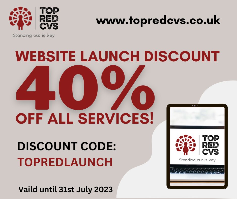 OUR NEW WEBSITE IS LIVE!!! 
To celebrate, we are offering a massive 40% OFF ALL SERVICES until July 31st. 
Use the discount code at the checkout
Discount code: TOPREDLAUNCH
topredcvs.co.uk
Please share, so we can help give someone their perfect CV.