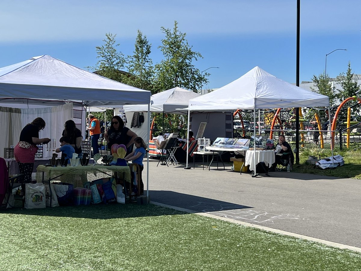 Muldoon Farmers Market is open until 2:30. The playground is hopping, music rocking, some early season plants &amp; produce, and the most amazing people!