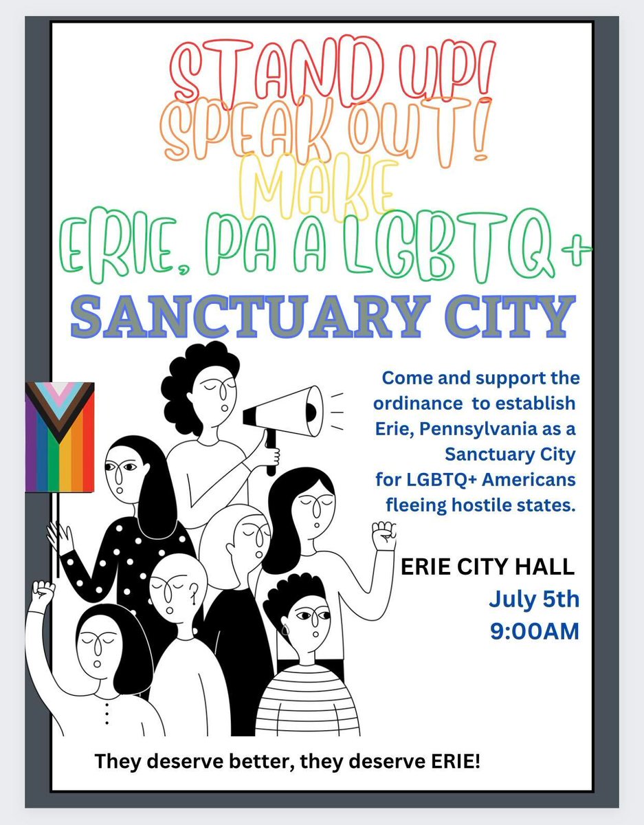 With all the love and solidarity shown by hundreds of you for the library pride display, we are backing Erie becoming a sanctuary city for those impacted by anti-LGBTQIA+ legislation. Please speak up at Wednesday's Erie City Council meeting at 9am to show your support.