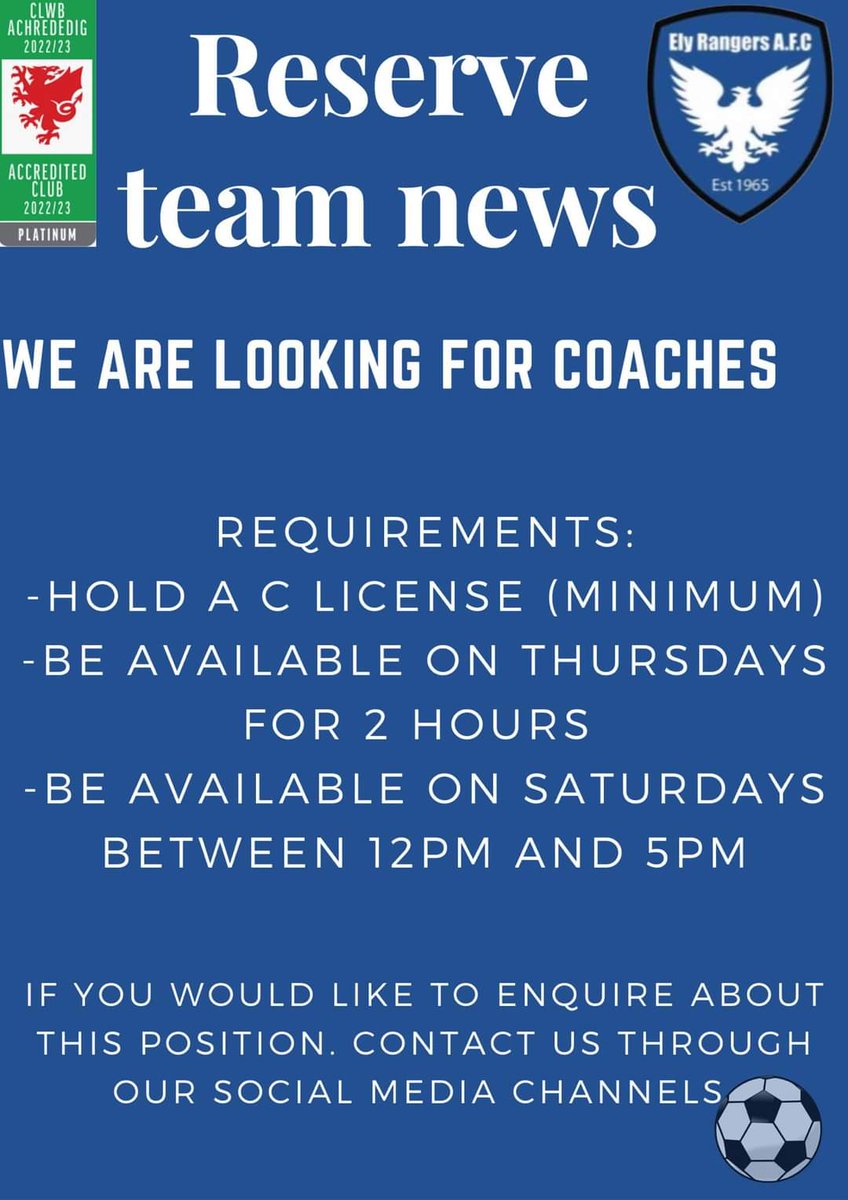 I am looking for a coach to come in &amp; support me with the running of our Reserve side this season <a href="/ElyRangersFC/">Ely Rangers AFC</a> 
You will also work our youth team players as well. Plus potential opportunity to support the first team.
Get in touch to find out more.