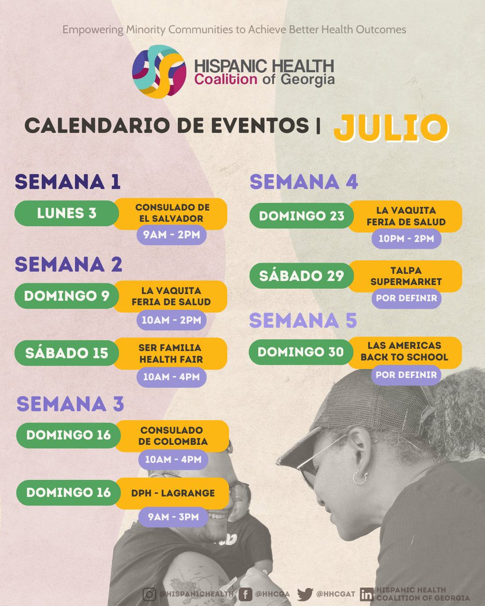 ¡No te pierdas de los eventos que tenemos este mes! Proporcionaremos: 📷 Recursos para mantener una vida saludable 📷 Vacunas de COVID-19 & Influenza  #HHCGA #HealthFair #SaludMental #Hispanics #AtlantaEvents #Covid19 #Flu #HealthEducation #EventosDeSalud #Vacunas #COVIDVaccine