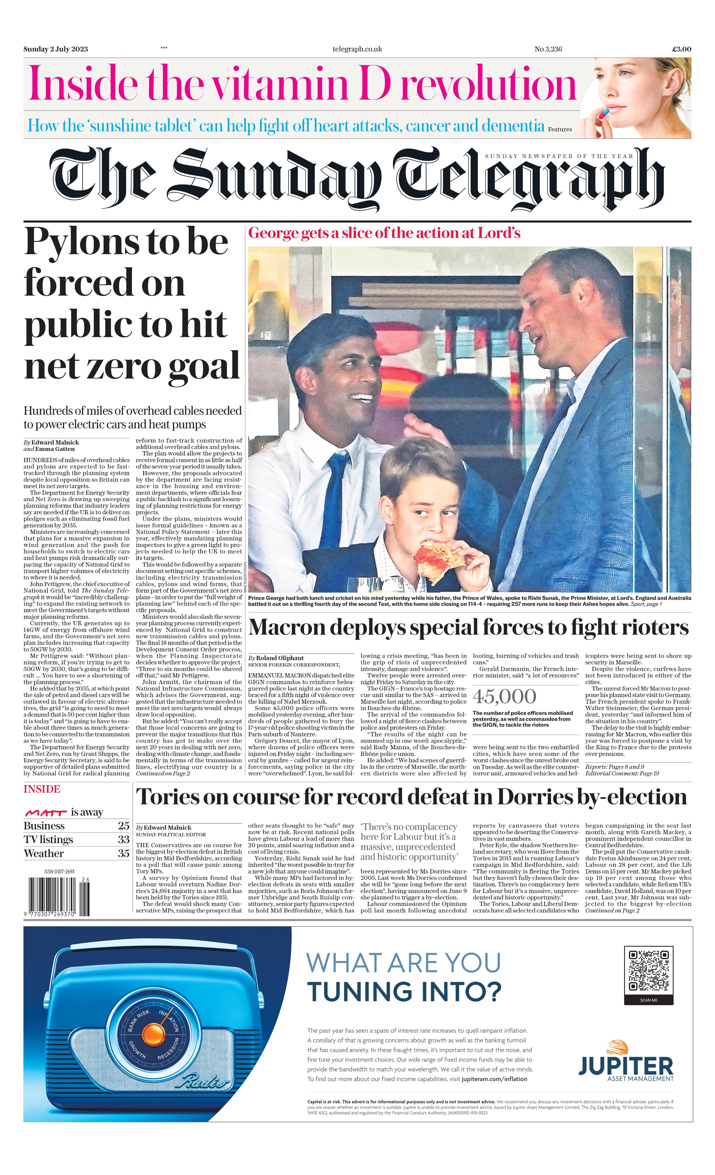 'Pylons to be forced on public to hit net zero goal', front page of The Sunday Telegraph, 2nd July, 2023