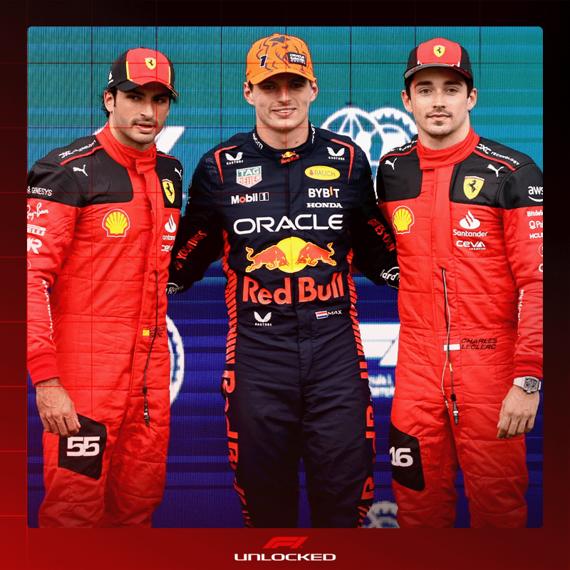 F1's tweet photo. Max Verstappen will have two Ferrari drivers behind him in Sunday's race 🔴🔴

A look at some of the key areas to keep an eye on when the five lights go out 👀

#AustrianGP #F1