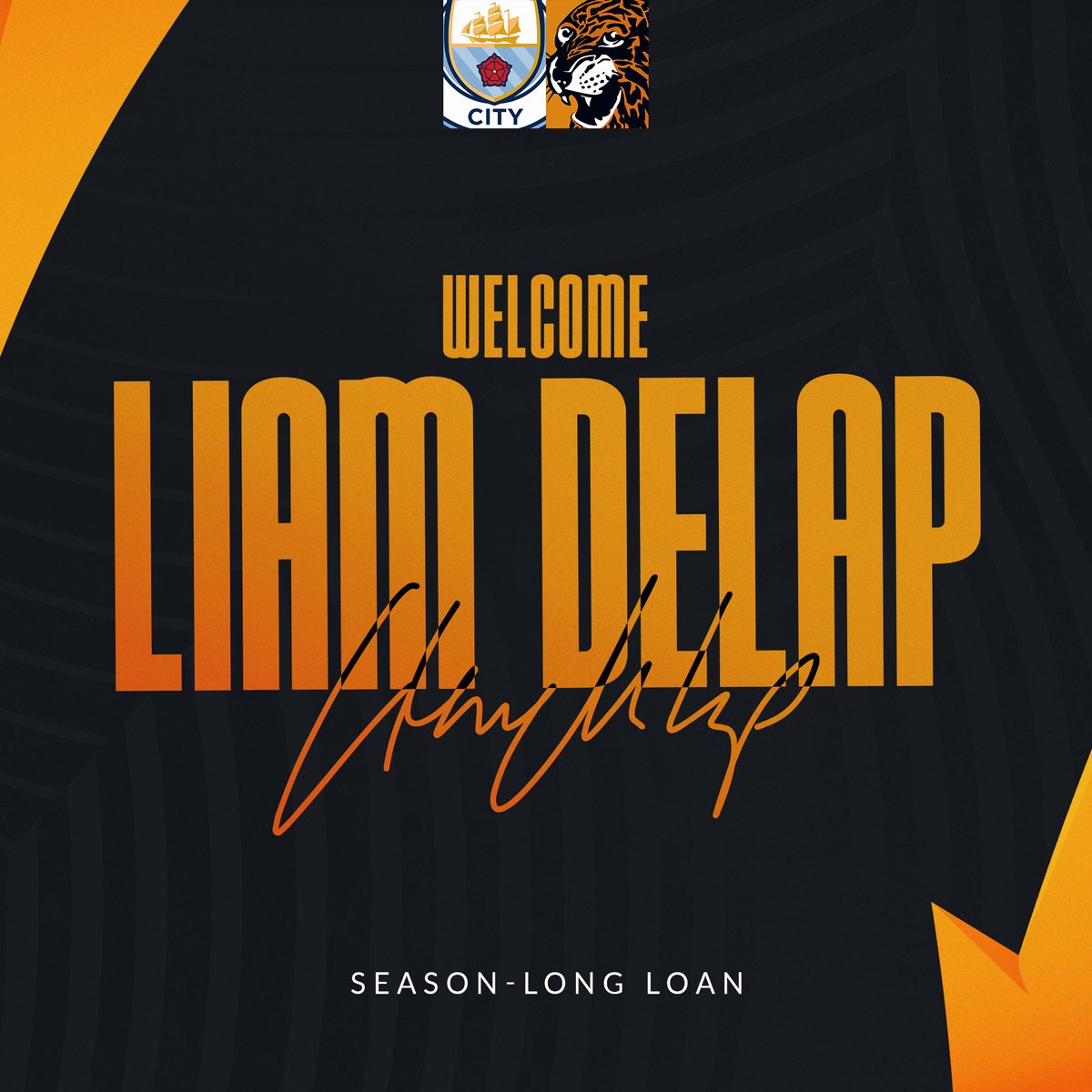 HullCity's tweet photo. ✍️ We are delighted to announce the signing of Liam Delap on a season-long loan from Manchester City!

Welcome to Hull City, @liamdelap! ✨

#hcafc