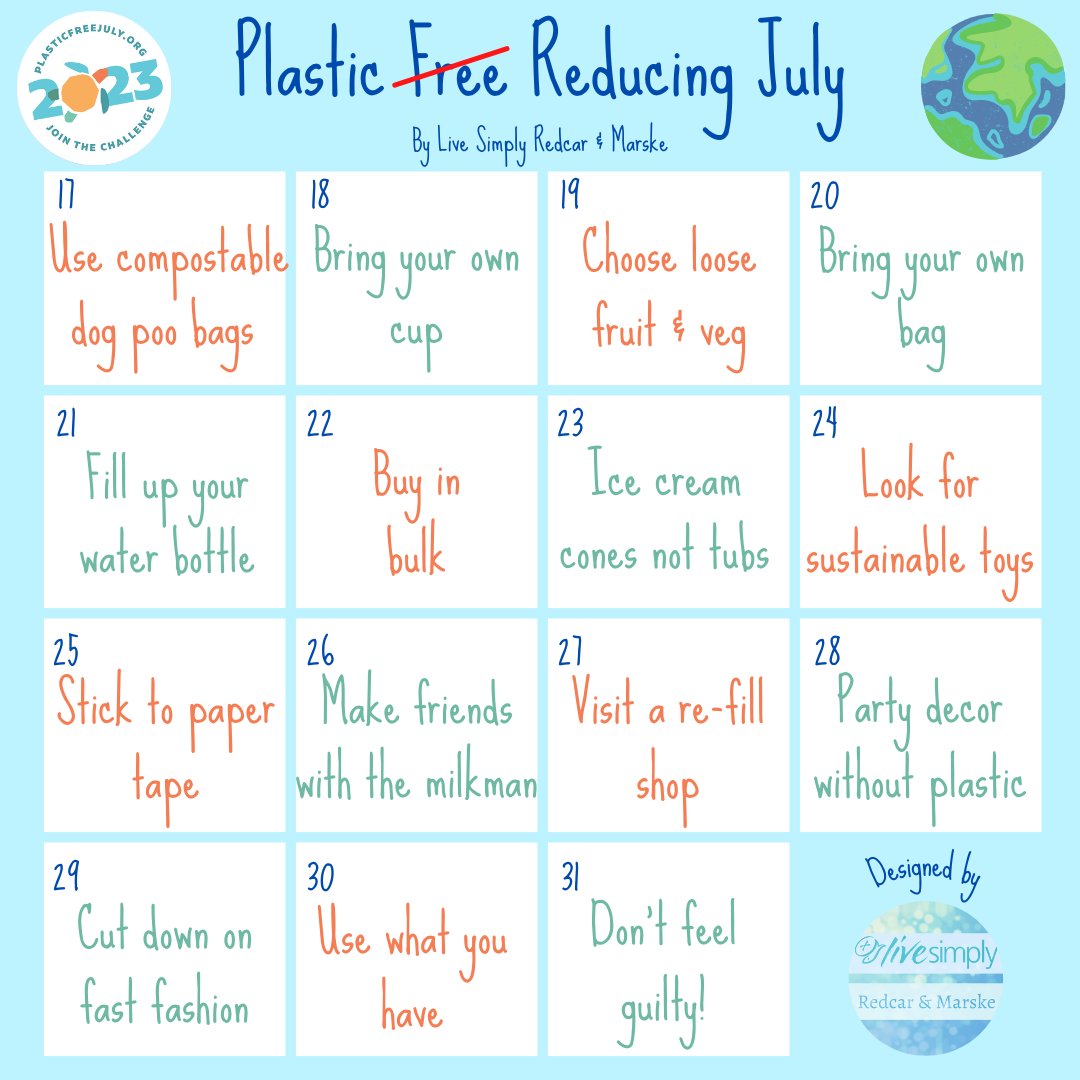 1st July means only one thing: #PlasticFreeJuly

This year I've created a handy calendar of ideas and things you can do to help REDUCE your single-use plastic consumption.

How many of these do you already do?

#plasticpollution #reducesingleuse #plasticfreeideas #plasticfreetips