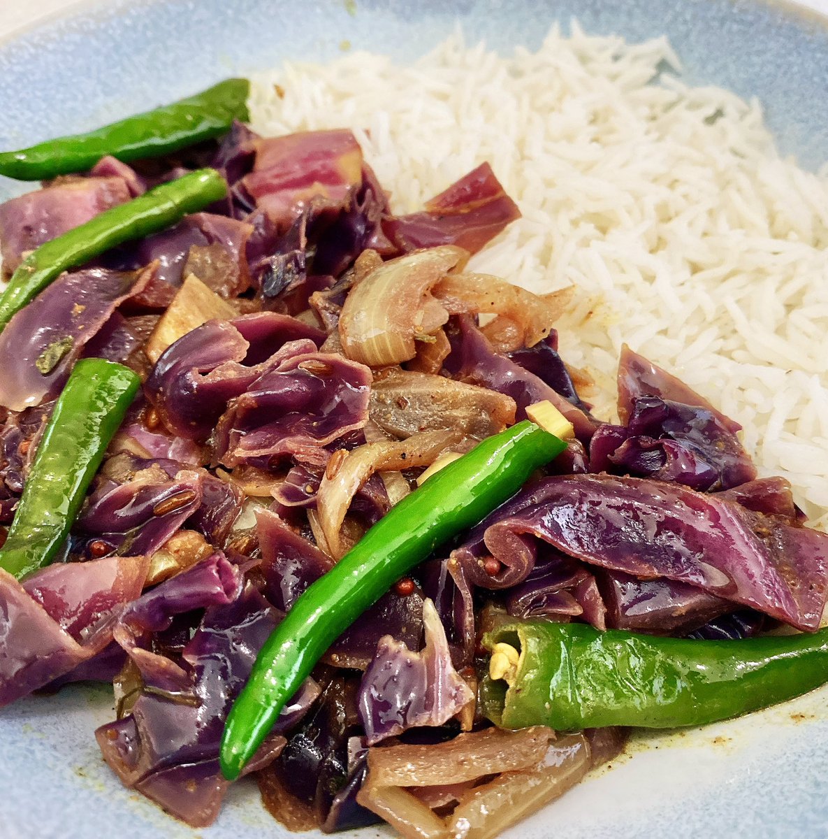 Dinner for one: red cabbage curry, spicy and wholesome.  

What are your favourite cabbage dishes?