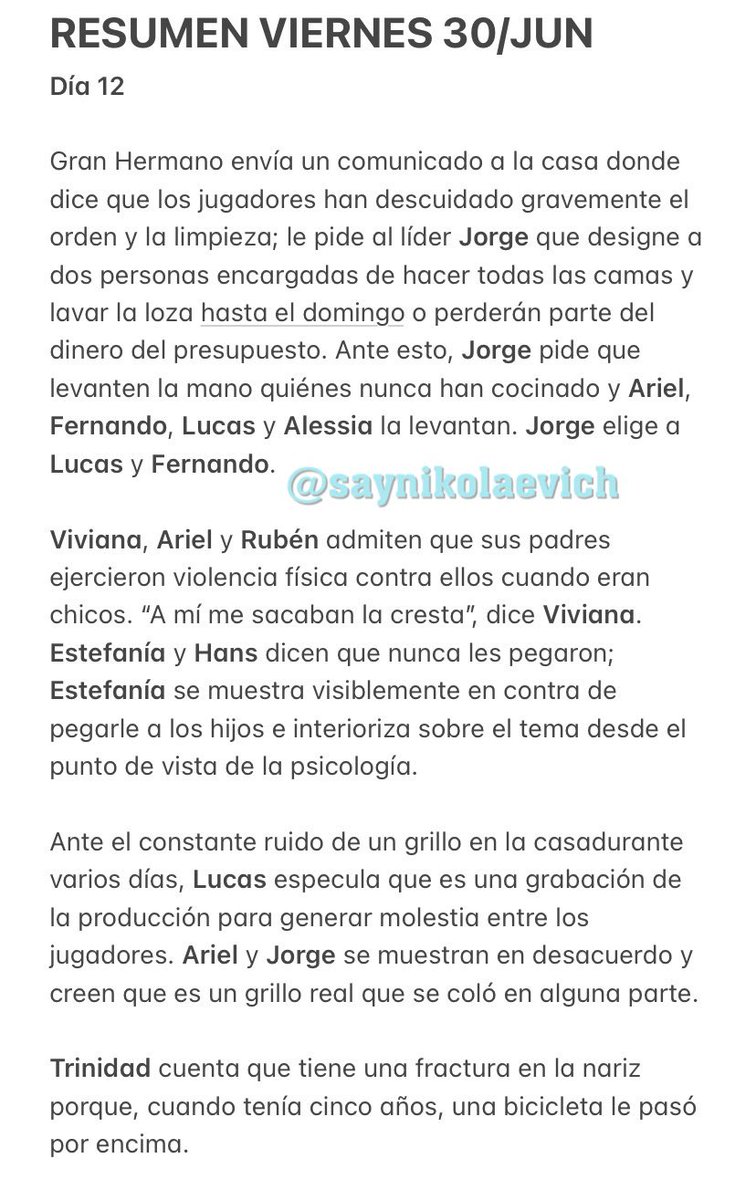 saynikolaevich's tweet photo. RESUMEN VIERNES 30 DE JUNIO // Un día marcado por el primer castigo de Gran Hermano y una fiesta de terror con roces entre Constanza y Ariel. Unos pocos detalles de la fiesta en el segundo tweet 👇🏻👇🏻👇🏻#GranHermanoChile #GranHermanoCHV #GranHermano #ResumenGH https://t.co/keILQG03x5