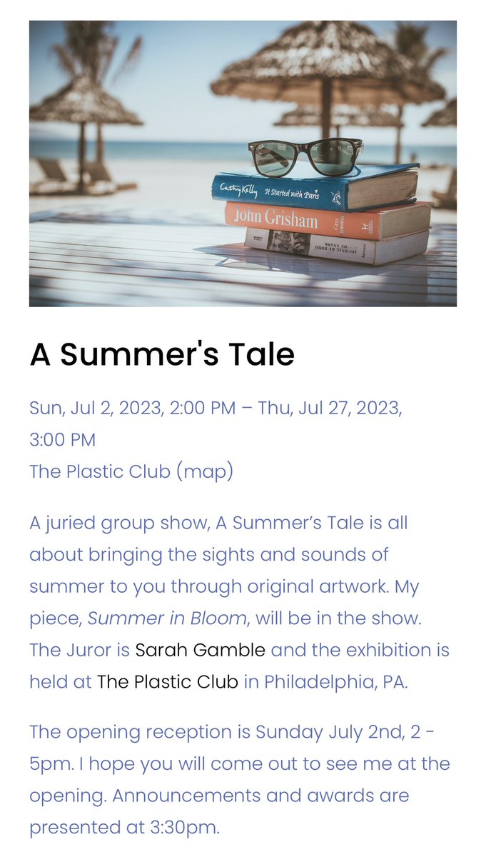 Come soak in the essence of summer with me this Sunday at the Plastic Club. I’m in a fabulous group show, A Summer’s Tale. The opening reception is 2 - 5pm. #artist #phillyartist #creativespirit #juriedartshow #artshow #phillyartshow