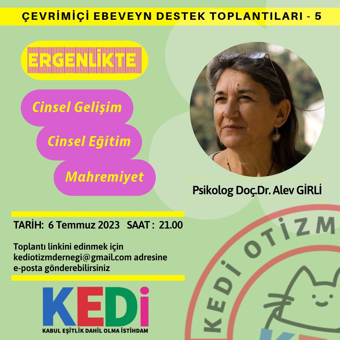 Çevrimiçi Ebeveyn Destek Toplantılarımızın 5.’sinde Psikolog Doç. Dr. @alevgirli, ergenlikte cinsel gelişim, cinsel eğitim ve mahremiyet konusunda bilgi ve öneri aktaracak. 6 Temmuz 2023, Perşembe günü yapılacak toplantı linkini