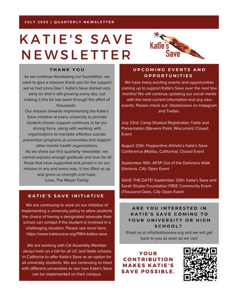 The Inaugural issue of our quarterly newsletter is now available online. Please visit our website - link in bio. #katiessave #mentalhealth #suicideprevention #endthestigma #youareenough #designatedadvocate