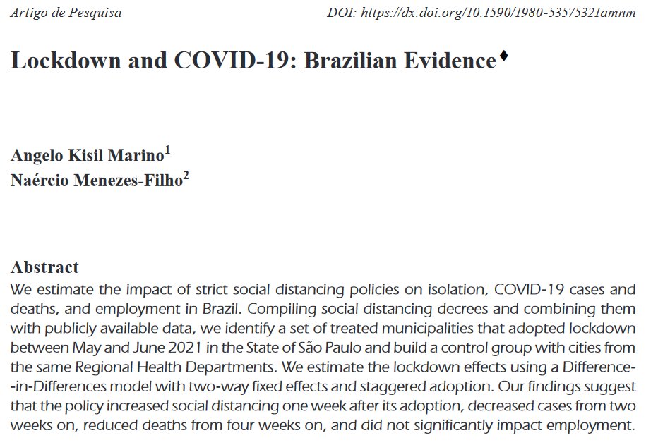 1st peer-reviewed publication! 🎉📚✏️

Check out "Lockdown and COVID-19: Brazilian Evidence" published in Economic Studies journal (<a href="/EconomiaUsp/">USP Economia</a>)  with <a href="/naerciomenezes/">naercio</a> this week. 🧵👇

revistas.usp.br/ee/article/vie… 

#EconTwitter #COVID19 #LOCKDOWN 1/9