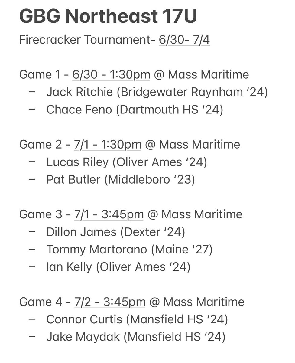 GBG Northeast Hawks (@gbg_hawks) on Twitter photo 17U Northeast projected pitching rotation for the <a href="/firecrackerbsb/">Firecracker Baseball</a> 4th of July tournament.
<a href="/CoachWelchRBI/">Chris Welch</a> #gbg #gbgnortheast 17U Northeast projected pitching rotation for the <a href="/firecrackerbsb/">Firecracker Baseball</a> 4th of July tournament.
<a href="/CoachWelchRBI/">Chris Welch</a> #gbg #gbgnortheast