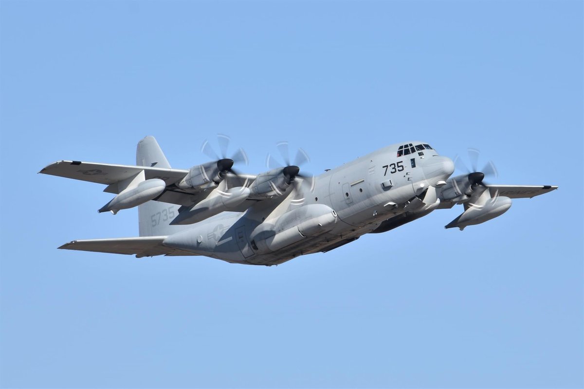 cqplanespotting's tweet photo. A nice visitor spotted departing RAAF #Townsville early on Thursday was @USMC U.S. Marine Corps (#USMC) Lockheed KC-130J Hercules 165735 / 5735 / QB-535 of the Marine Aerial Refueler Transport Squadron 352 (#VMGR352) known as the "Raiders" stationed at MCAS Miramar, California. https://t.co/iH4A5iBp3y