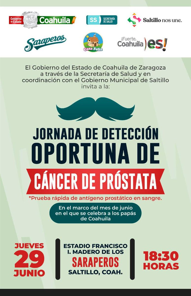 Invito a los hombres de 40 años o más a que acudan a evaluación médica para detección de Cáncer de Próstata. ¡Hoy instalaremos un módulo de Pruebas rápidas de Antígeno Prostático Específico a partir de las
6:30 pm en el Estadio Francisco I. Madero apoyando a <a href="/ClubSaraperos/">Saraperos de Saltillo</a>!