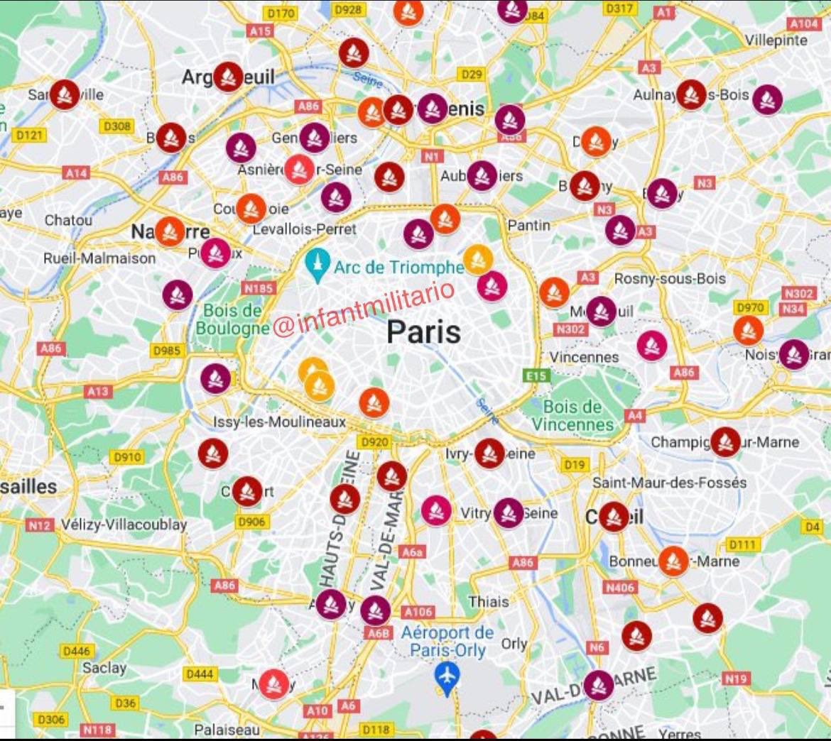 خريطة الحرائق وأعمال الشغب في منطقة العاصمة باريس حاليا

#فرنسا🔥🇫🇷