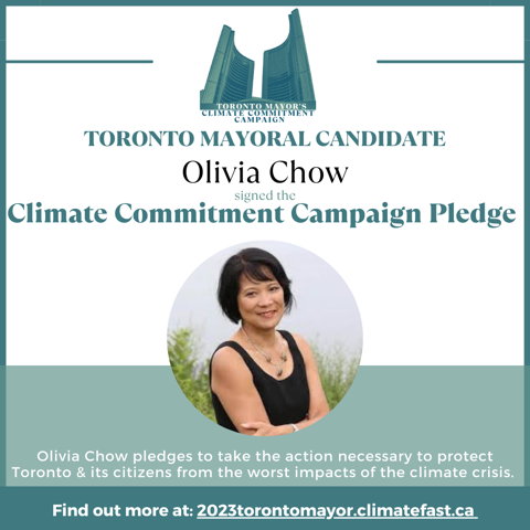 LynAdamson1's tweet photo. Congrats to @oliviachow our new #ClimateMayor she will champion the #TransformTO #ClimateAction plan for Net Zero by 2040. She signed the @ClimateFast pledge to support cutting emissions and supporting adaptation. Pledge is in the thread. https://t.co/aVHNk6IDzq