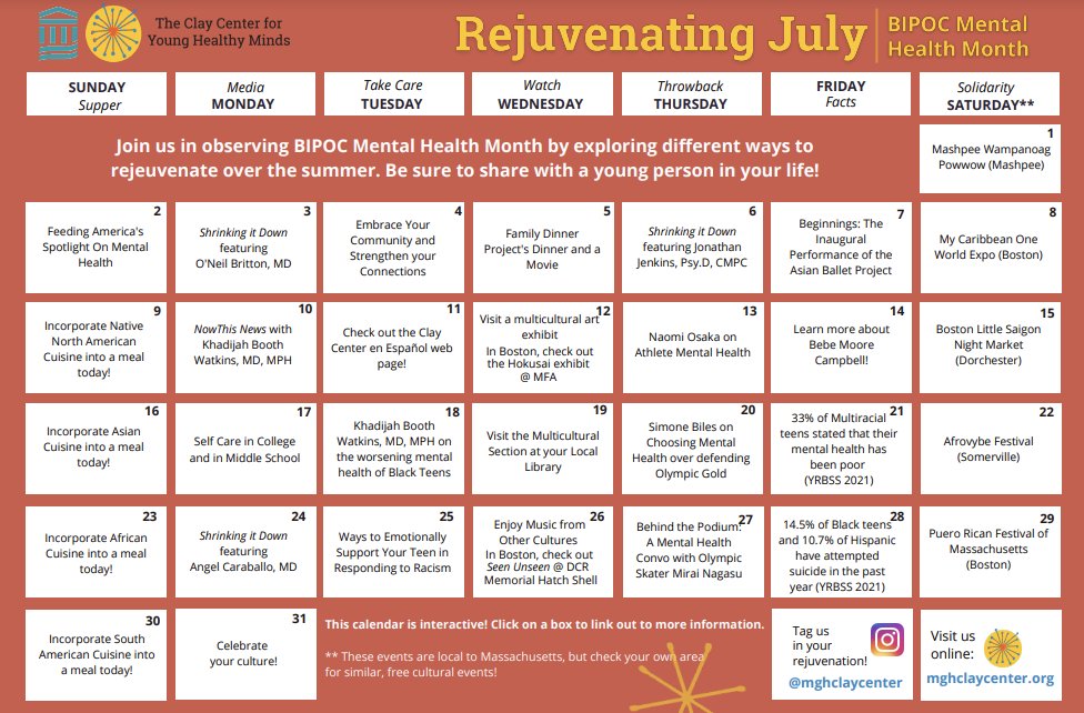 It's almost July! Join us in recognizing #BIPOCMentalHealth Month and exploring diverse ways to rejuvenate. Download our #RejuvenatingJuly calendar here:
mghclaycenter.org/multimedia/bip…