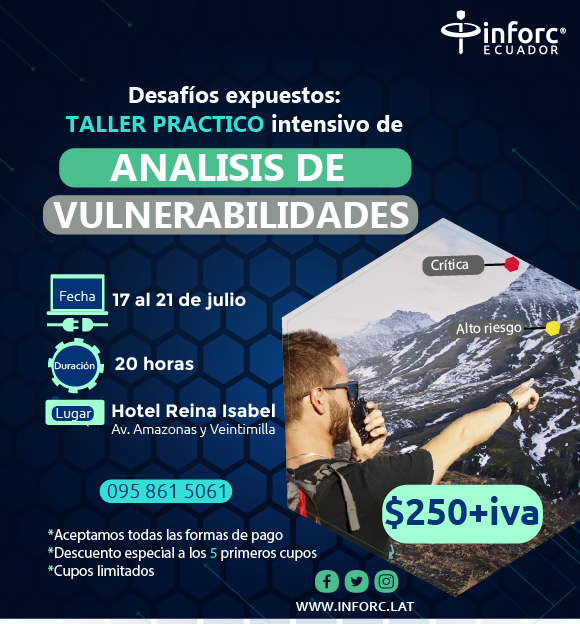 inforc's tweet photo. Taller práctico intensivo de Análisis de Vulnerabilidades

Tiene como propósito desarrollar habilidades para evaluar y priorizar las vulnerabilidades identificadas, teniendo en cuenta su impacto potencial y la viabilidad de su explotación. https://t.co/y4IDl5QvNY