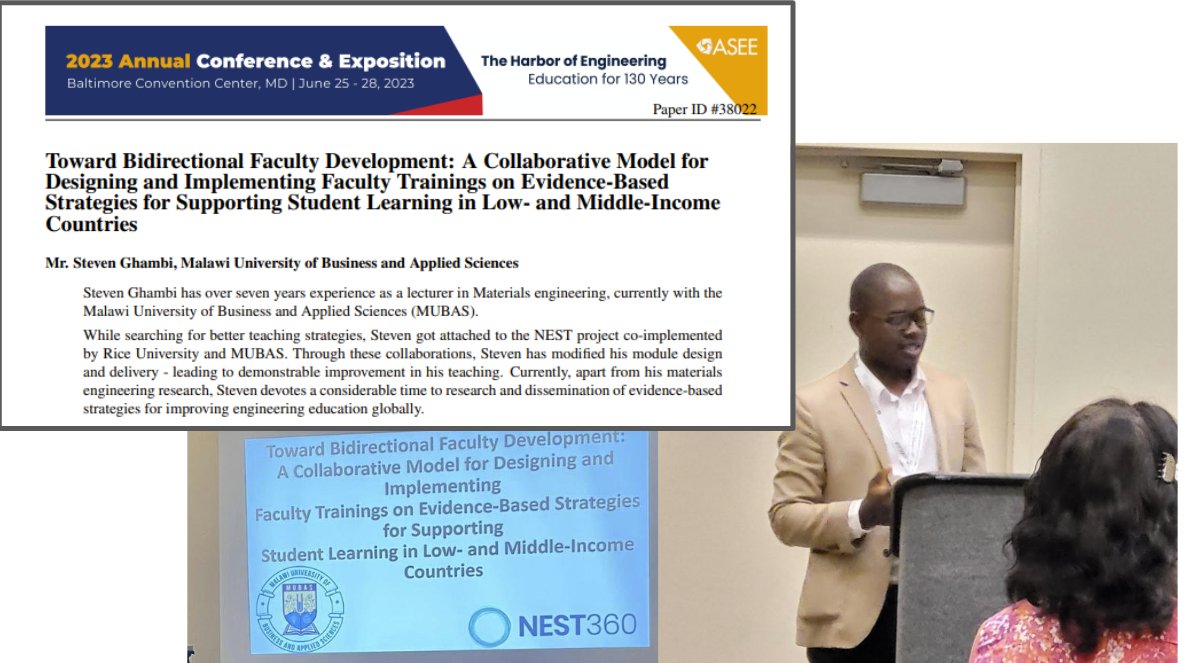 Rice360 (@rice360glht) on Twitter photo Steven Ghambi from @MUBASMW presents <a href="/ASEE_DC/">ASEE</a> on a new paper that offers implications for bidirectional faculty development & culturally-relevant translation of active learning in Malawi.
Special thanks to co-authors Joseph Phiri, Joe Towles; <a href="/justinhenriques/">Justin Henriques</a>; <a href="/_AshleyRTaylor/">Ashley Taylor</a> Steven Ghambi from @MUBASMW presents <a href="/ASEE_DC/">ASEE</a> on a new paper that offers implications for bidirectional faculty development & culturally-relevant translation of active learning in Malawi.
Special thanks to co-authors Joseph Phiri, Joe Towles; <a href="/justinhenriques/">Justin Henriques</a>; <a href="/_AshleyRTaylor/">Ashley Taylor</a>