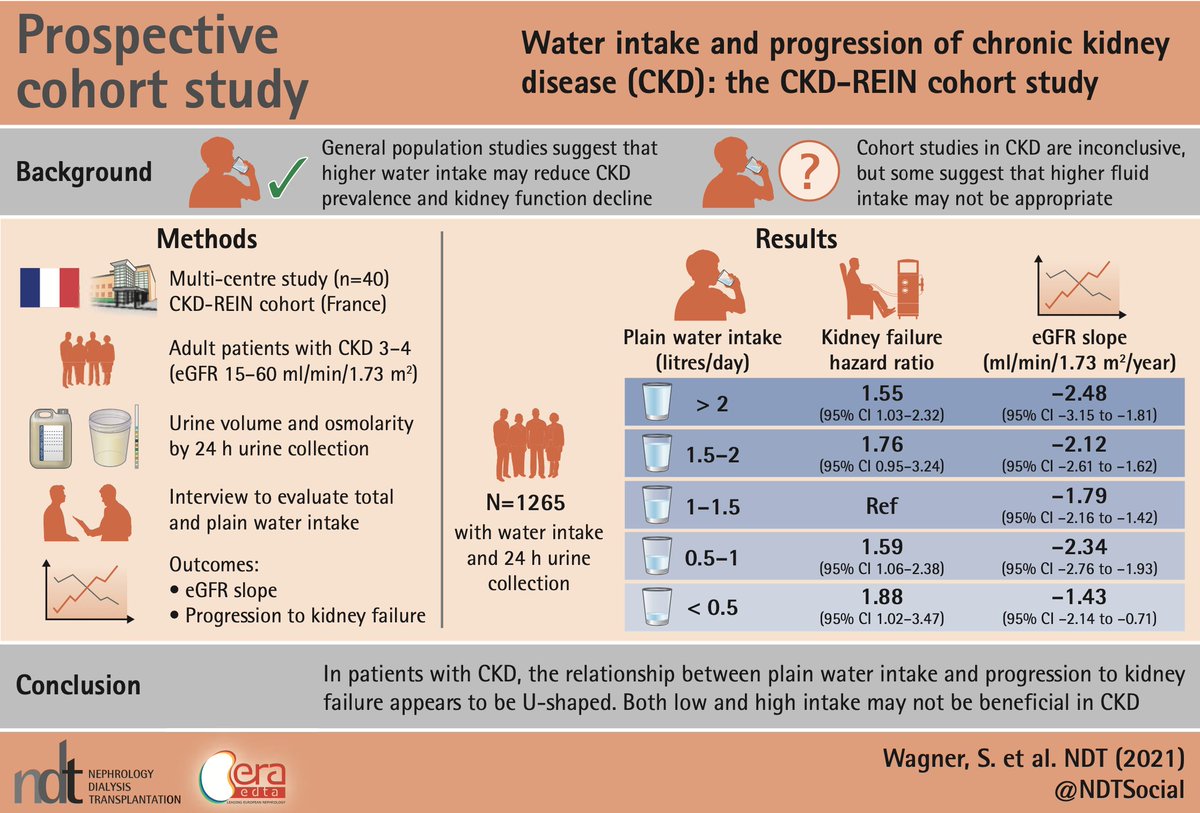 Everybody when they hear they have kidney disease wants to just have another glass of water. The CKD REIN Cohort is a prospective study that assessed water intake and renal outcomes. Lowest risk of kidney failure? 1-1.5 L/day 
Average H2O intake? 2 L/day

academic.oup.com/ndt/article/37…