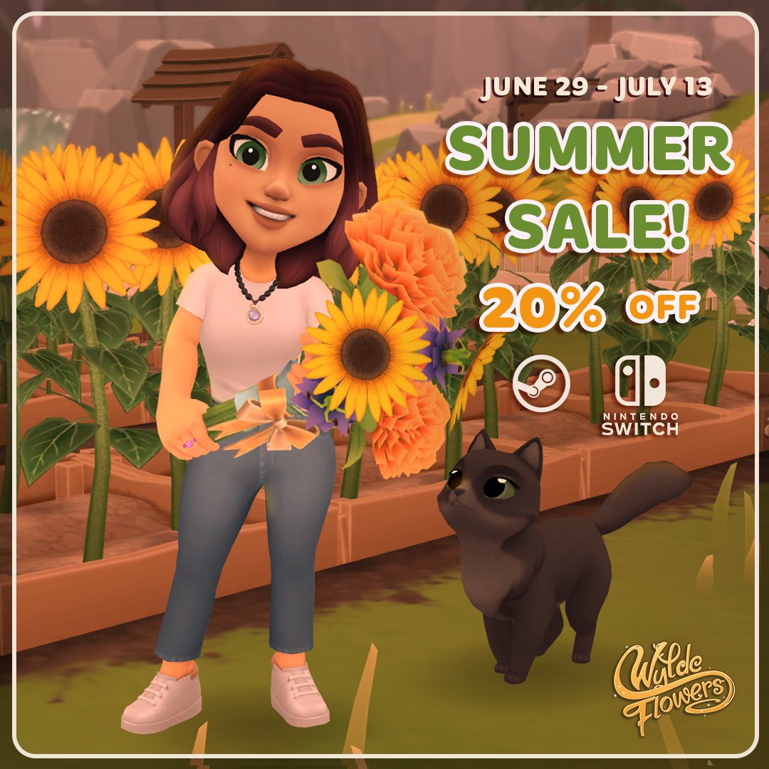 StudioDrydock's tweet photo. Wylde Flowers is on sale NOW! 🌞

Been waiting for us to have a sale? It is time! 🏖

Pick up your copy of our cozy story game for 20% off on Steam and Nintendo Switch till July 13th. 😌

Fairhaven awaits! 🌸 https://t.co/WQnE1qgFd5