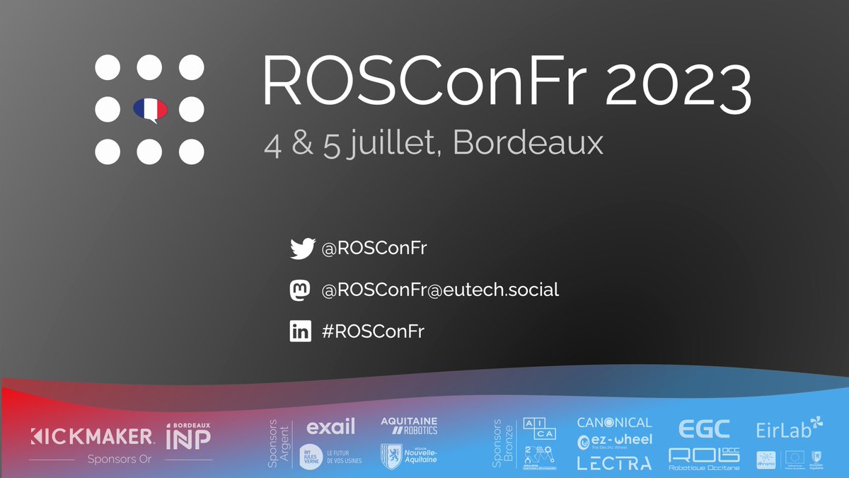 La conférence ROS francophone démarre mardi prochain pour 2 jours pendant @RoboCup2023
Suivez le direct 📺 et posez vos questions aux conférenciers.ières via le tchat :
Retrouvez le lien et le programme sur roscon.fr
#robotique