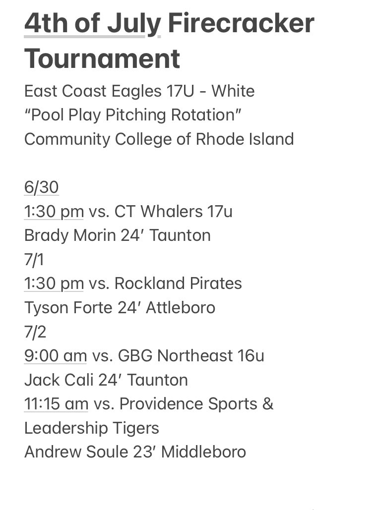 Mike Cali (@super_cali1) on Twitter photo <a href="/ECEaglsBsb/">East Coast Eagles</a> 17u White pitching rotation for this weekend at CCRI in the <a href="/firecrackerbsb/">Firecracker Baseball</a> 4th of July tournament. <a href="/brady_morin8/">Brady Morin</a> <a href="/TysonForte/">Tyson Forte</a> <a href="/Jack_Cali7/">Jack Cali</a> <a href="/SouleAndrew/">Andrew Soule</a> <a href="/ECEaglsBsb/">East Coast Eagles</a> 17u White pitching rotation for this weekend at CCRI in the <a href="/firecrackerbsb/">Firecracker Baseball</a> 4th of July tournament. <a href="/brady_morin8/">Brady Morin</a> <a href="/TysonForte/">Tyson Forte</a> <a href="/Jack_Cali7/">Jack Cali</a> <a href="/SouleAndrew/">Andrew Soule</a>