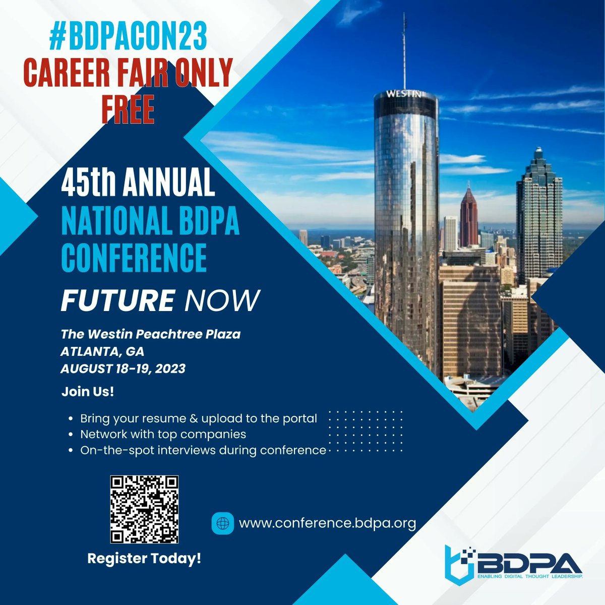 Are you currently in the job market looking for new opportunities in STEM? Don't miss the Career Fair happening at #BDPACON23! Registration is FREE! Scan the QR code to register. We'll see you there! #BDPA #IT