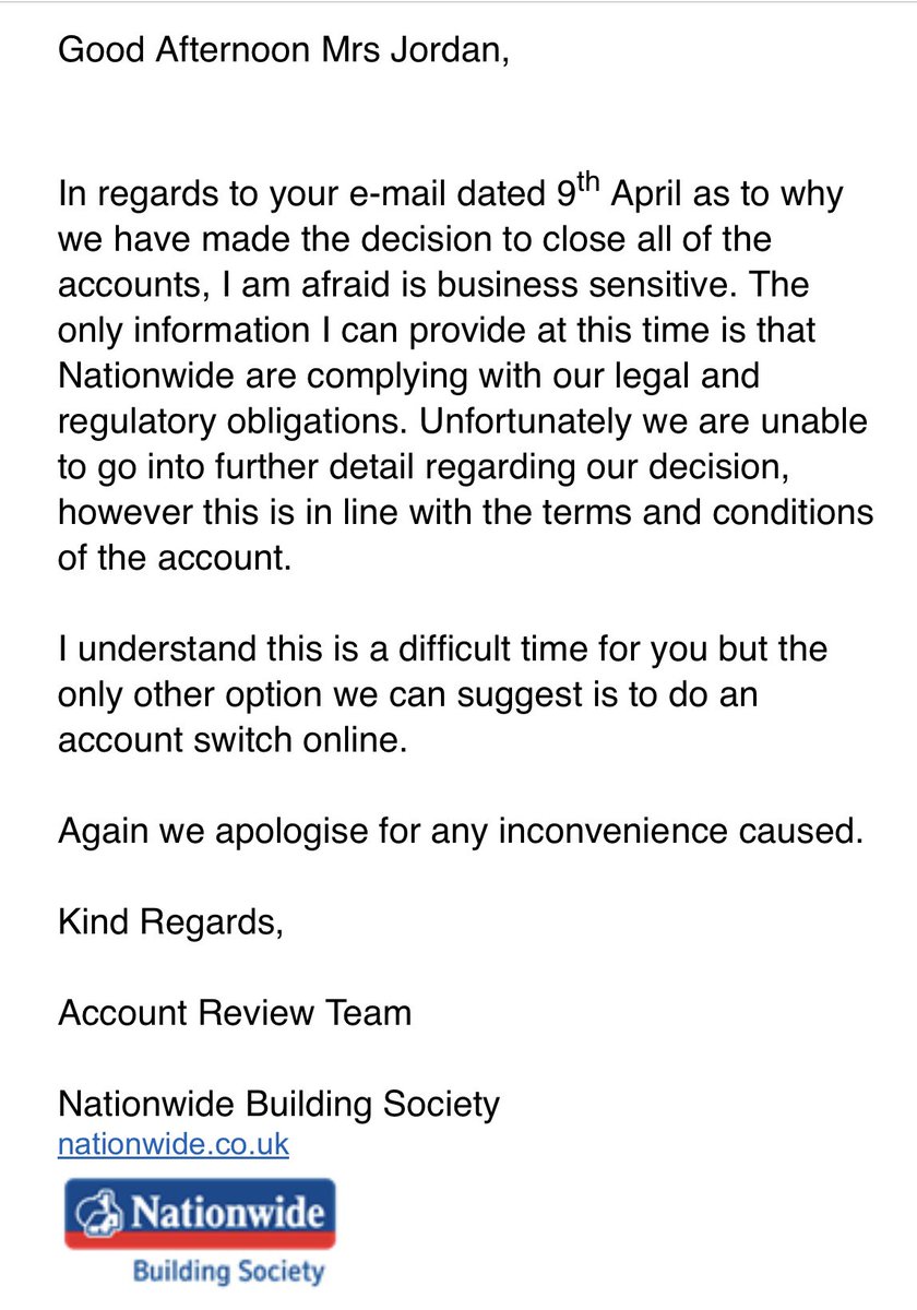 CJordanjb's tweet photo. Several mths after I was elected Brexit Party MEP, my family &amp; I had all of our accs closed. Even though I’d been a loyal customer for 30yrs.👇was their reply.
To those cheering &amp; celebrating the cancellation of @Nigel_Farage’s bank accs, let’s hope it never happens to you. https://t.co/jrcdBIcaq4
