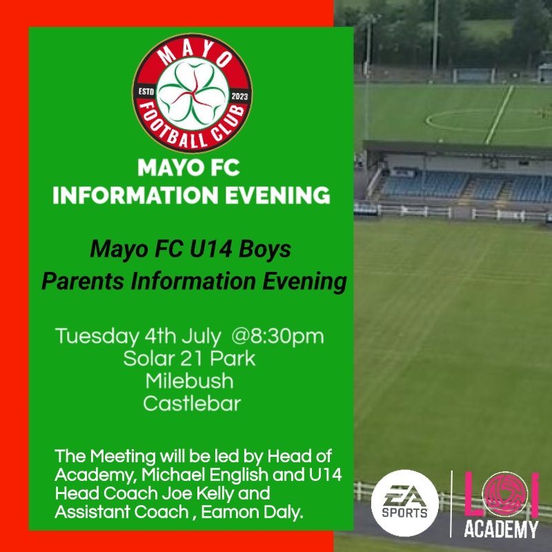 mayofc_official's tweet photo. Mayo FC are hosting an information evening for parents of prospective players from the 2010 age group (next year's U14 team) on Tuesday 4th July at 8:30pm in Solar21 Park. 

Could anyone interested in attending please fill out the following form:
https://t.co/BRArETEjmh https://t.co/CVq5g18Mra