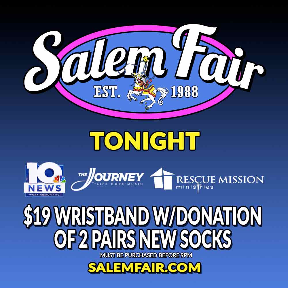SalemFair's tweet photo. TONIGHT! The Salem Fair is in high gear starting at 4pm today. Wristbands are just $19 with 2 pairs of socks donation until 9pm. All details at https://t.co/MtTsuU1F7i. #SalemFair2023 @WSLS @DeggellerA1
 @SalemCivCenter https://t.co/667kWljqaG